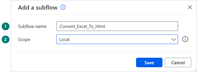 The Add a subflow window: name Convert_Excel_To_Html, scope Local