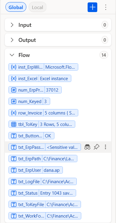 Variables pane: txt_ErpPassword shows Sensitive value