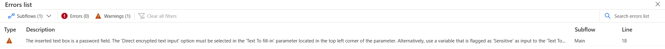 Errors list: The inserted text box is a password field