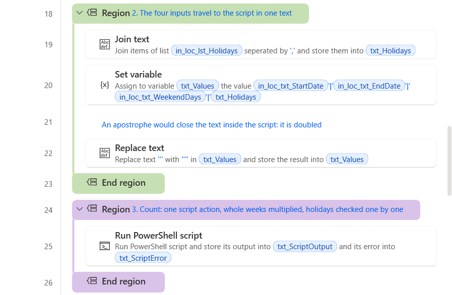 Count_Business_Days after the paste: the four inputs in one text, then the script action