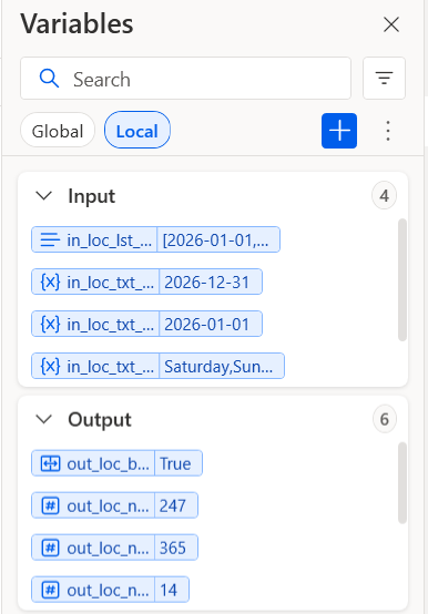 The Variables pane of Count_Business_Days, section Local: Input 4, Output 6