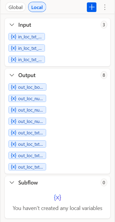 The function's Variables pane, section Local: Input 3, Output 8