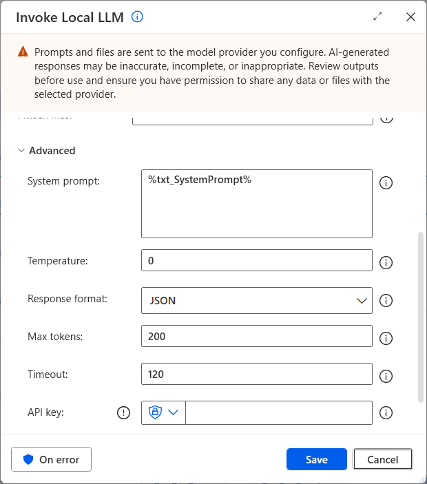 Advanced: the instructions, temperature 0, a JSON answer, at most 200 tokens, 120 s