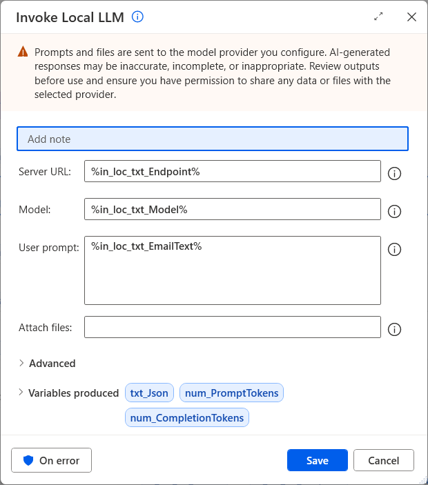 Invoke Local LLM: the server, the model and the text of the email come from the inputs