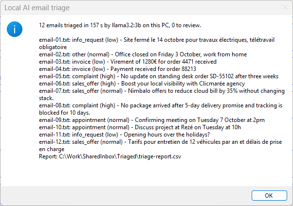 The message at the end of Main: the decision for each of the 12 sample emails