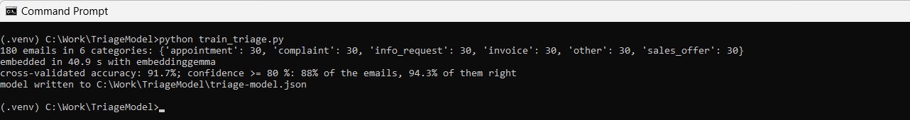 The training run: 180 emails, 91.7 % cross-validated, the model written after 41 s of embedding