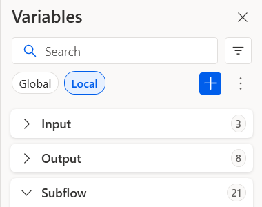 The function's Variables pane, section Local: Input 3, Output 8