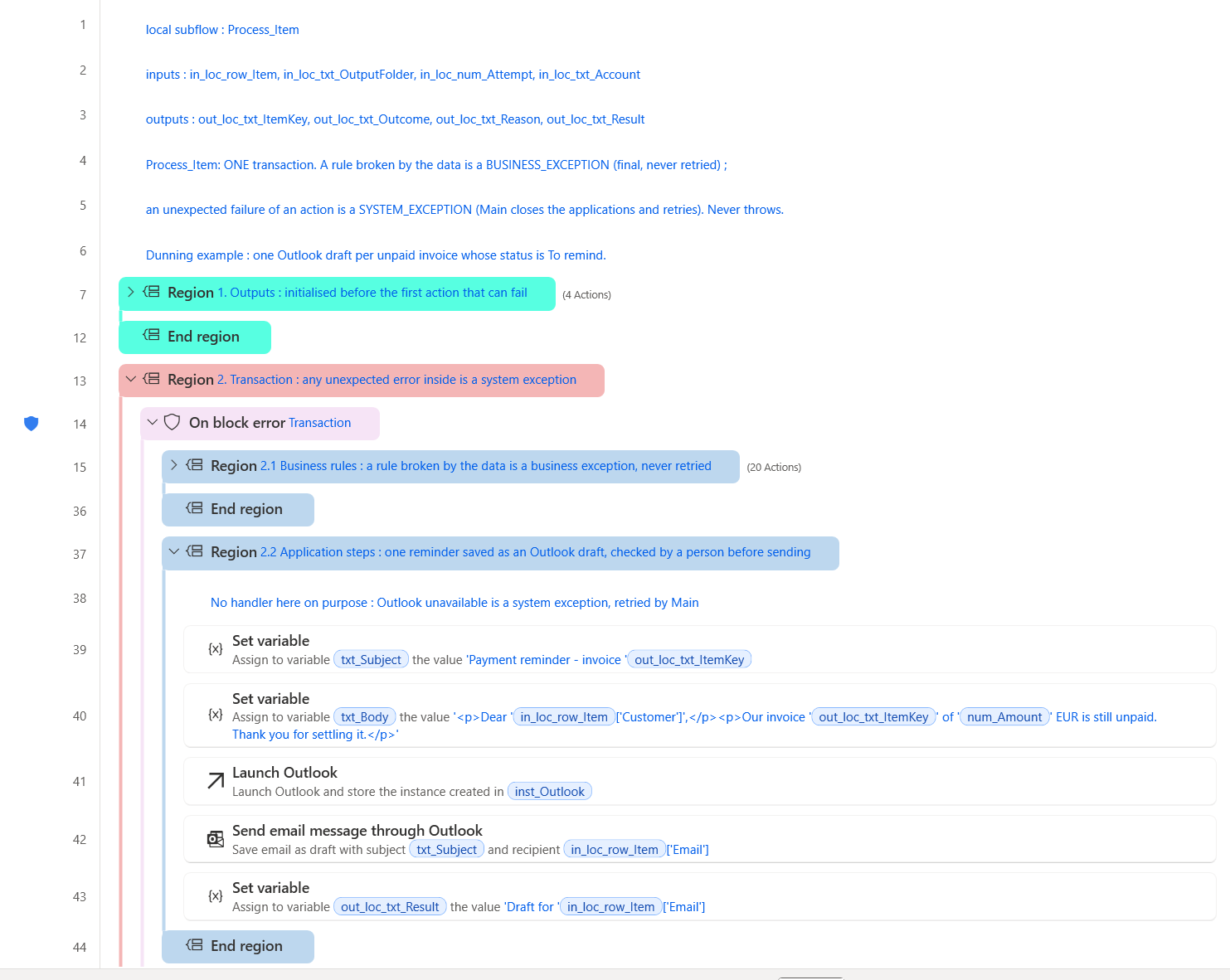 Process_Item of the example, region 2.2: the reminder saved as an Outlook draft